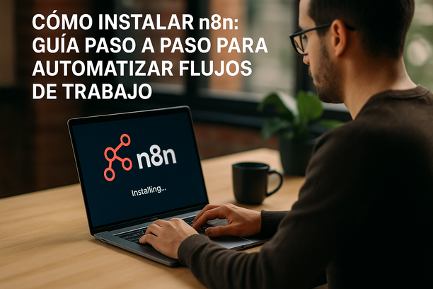 alt_text: Instalación de n8n: flujo de trabajo automatizado en un entorno tech moderno y acogedor.