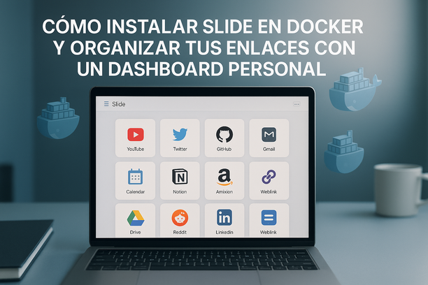 Dashboard personal minimalista con enlaces organizados y contenedores Docker en pantalla de laptop