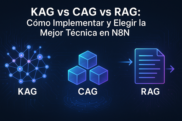 Ilustración técnica comparando arquitecturas RAG, CAG y KAG con flujos de datos y elementos visuales modernos