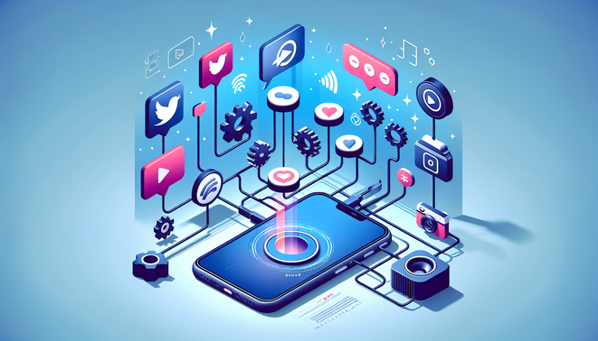 Smartphone conectado a redes sociales con flujos automatizados desde YouTube